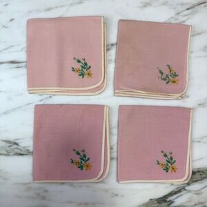 Set of 4 Vintage Pink Embroidered Floral Cocktail Napkins